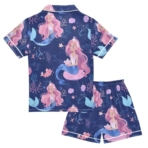 ALAZA Beautiful Mermaid Coral Reef Bubble Satin Pajamas Set Short Sleeve Button Down Sleepwear Summer Pjs 2 Piece2
