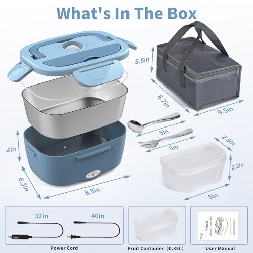 Image of Vingud Electric Lunch Box for Adults, Heated Lunch Box Food Warmer, 80W Portable Heating Lunchbox for Work /Car /Truck, 12 /24 /110V Lonchera Electrica Portatil Christmas White Elephant Gifts, Lake Blue