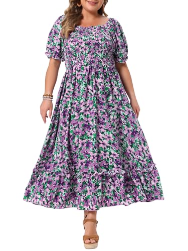 Image of Agnes Orinda Plus Size Dress for Women Short Sleeve Shirred Square Neck Floral Maxi Long Dresses