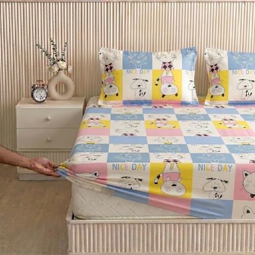 Image of Filymore Kids Elastic Fitted Double Bedsheet with 2 Pillow Covers | Cute Cat Design Bed Sheet for Kids Room | Pink & Blue | 240 TC Soft Microfiber Bedding Set | 72x72 Inches Fits Up to 6 Inch Mattress
