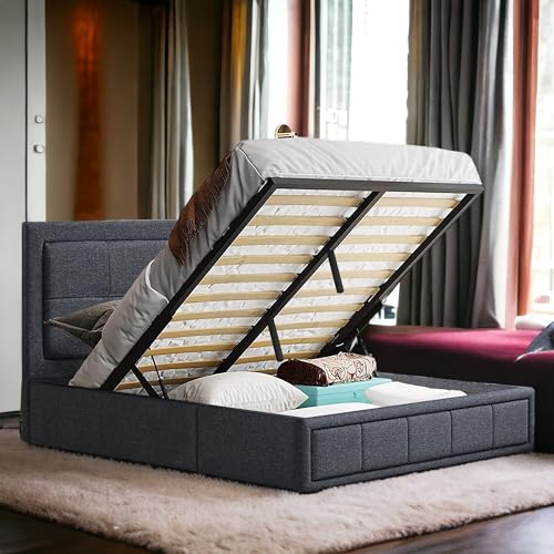 Ottoman Bed Super King Bed Frame, UKFR Linen Fabric Dark Grey Upholstered Ottoman Storage Bed With Gas Lift End Opening Wooden Slats With Storage Bed (6ft Super King 190 x 214, No Mattress)