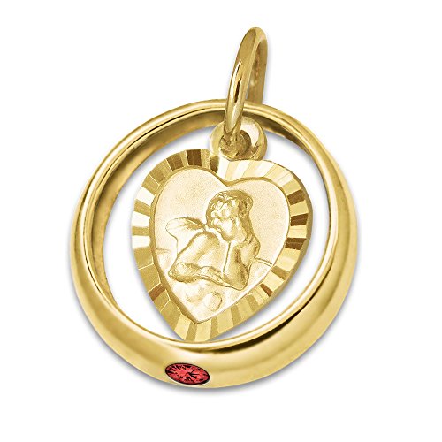 CLEVER SCHMUCK Goldener Kleiner Mädchen Taufring mit Stein rubinrot und Engel Herz Rand diamantiert glänzend 333 Gold 8 Karat Taufgeschenk