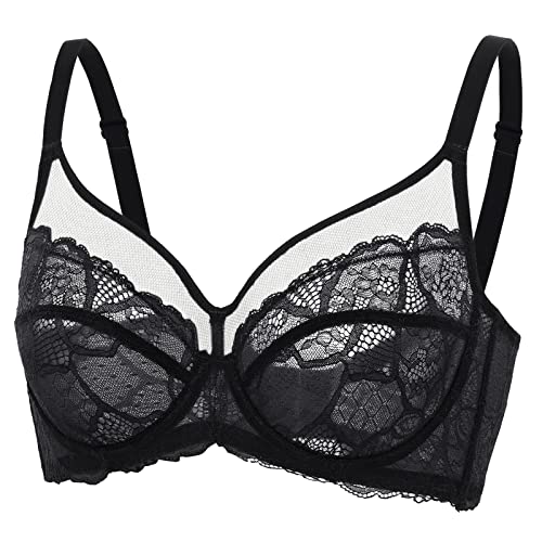 DOBREVA Donna Reggiseno in Pizzo Minimizer con Ferretto Senza Imbottitura Nero 4D
