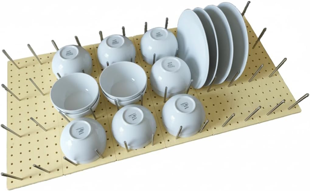 Pegboard Drawer Organizer-Unbroken Legs, 6-Pack Wood Peg Drawer Organizers with 48 Stainless Steel Pegs, for Kitchen Dishes & Food Containers(35.4"x17")