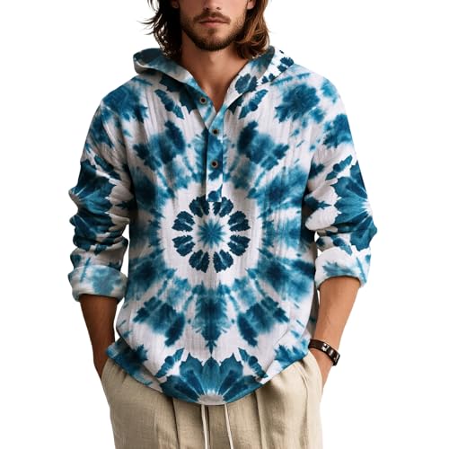 Mens USA Flag Camo Hoodies Henley Tie Dye Graphic Sweatshirts Fall Aztec Oversized Long Sleeve Buttons Hoodie Shirts