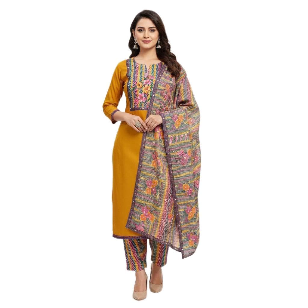 Cotton Dress Material for Women, Floral Embroidered, Green with Multicolour Print, Unstitched-image-12
