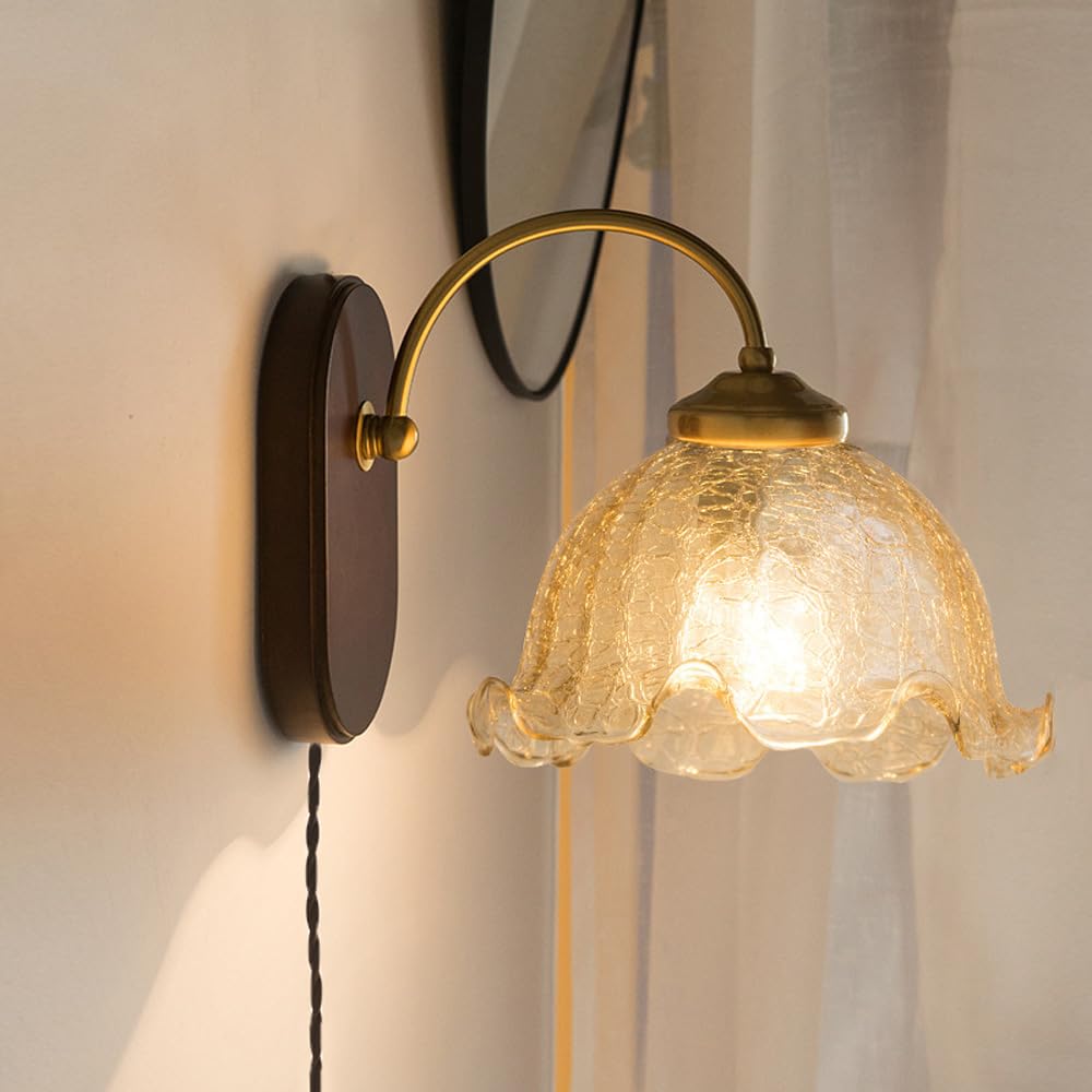 SXECAEPS Wall Sconces for bedroom Modern in Vintage Milk Glass Flower Mounted Light Gooseneck Antique Gold Wood Rustic Lamp Farmhouse Bedroom Bedside board