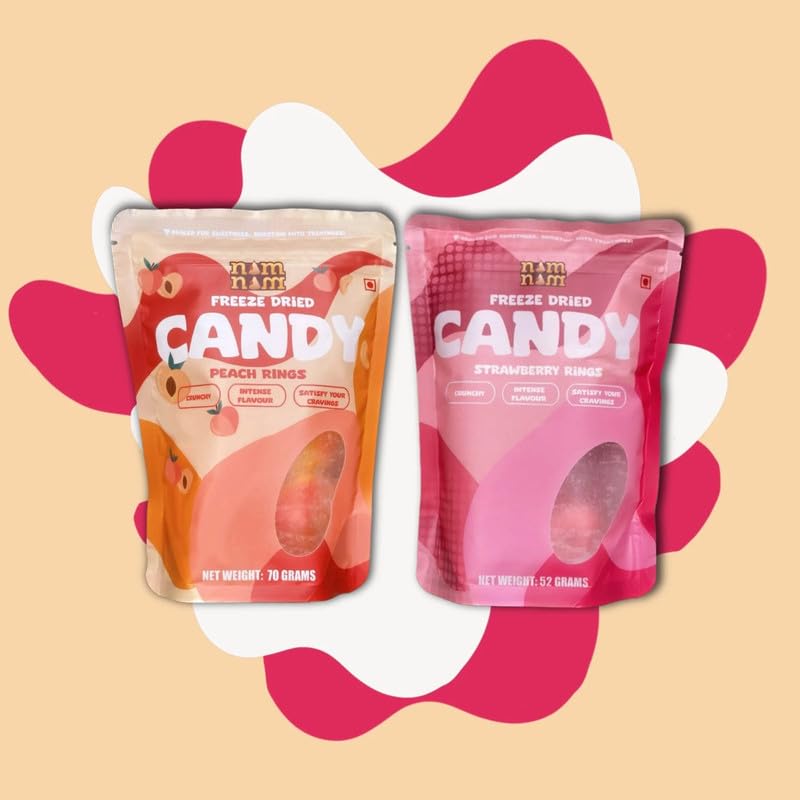 NAM NAM Freeze Dried Sour Rings Combo | Tangy Freeze-Dried Peach Rings & Strawberry Rings | 0% Fat, Gluten-Free | Crunchy Fruity Flavor Candy | Perfect for Snacking, Gifting & Parties|Pack of 2|