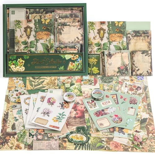 Image of Scrapbooking Supplies Kit, Vintage Botanical Aesthetic Scrapbook Kit for Bullet Junk Journal, Stationery, A6 Grid Notebook, Flower DIY Journaling Supplies, Birthday Craft Gift for Women Craft Lover