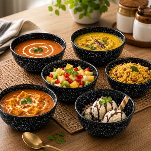 Image of Melvio By Malti Black Granite 6 Piece Bowl | Melamine Dinnerware Set, Premium Dinner Set Crockery Plates Bowls Tableware for Home Dining Kitchen