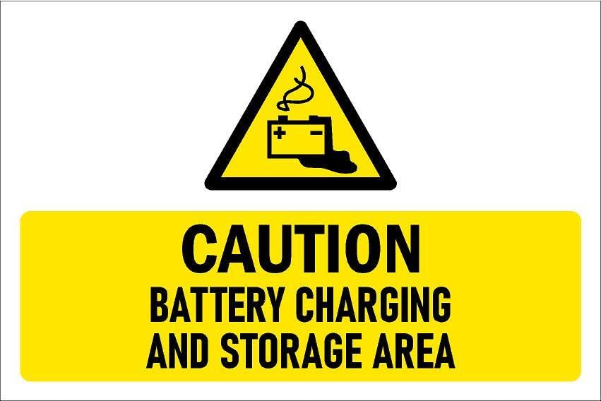 Caution, Battery charging and storage area, safety sign - Self adhesive sticker (200mm x 150mm)