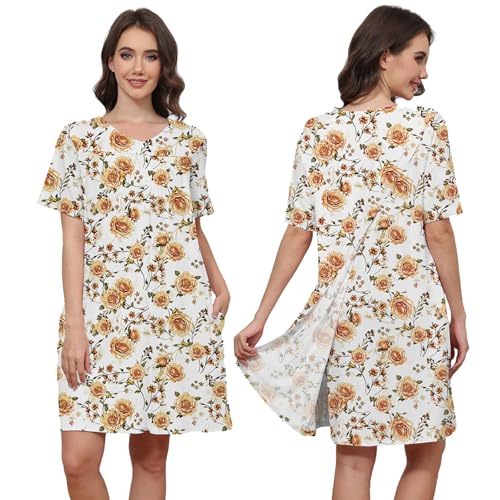 Image of Hospital Gowns for Women Open Back Tear Away Snap Post shoulder Dress Short Sleeve Soft Adaptive Clothing with Pockets