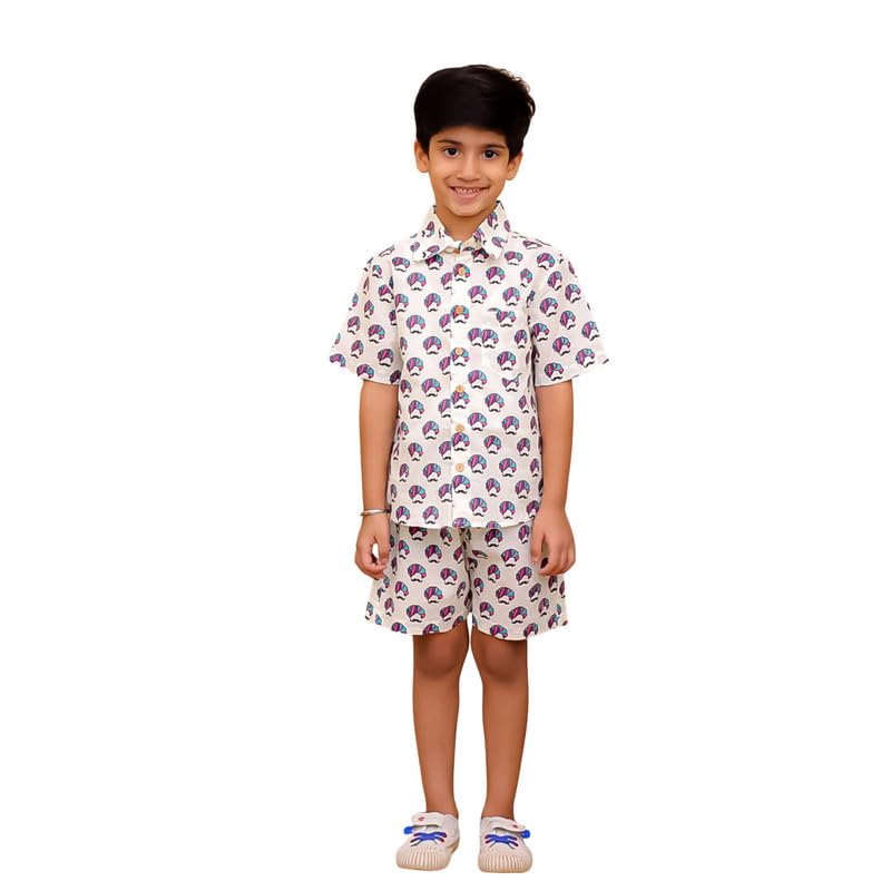 Image of superminis Boys Coordinated Set With Printed Rayon /Cotton Shirt and Shorts
