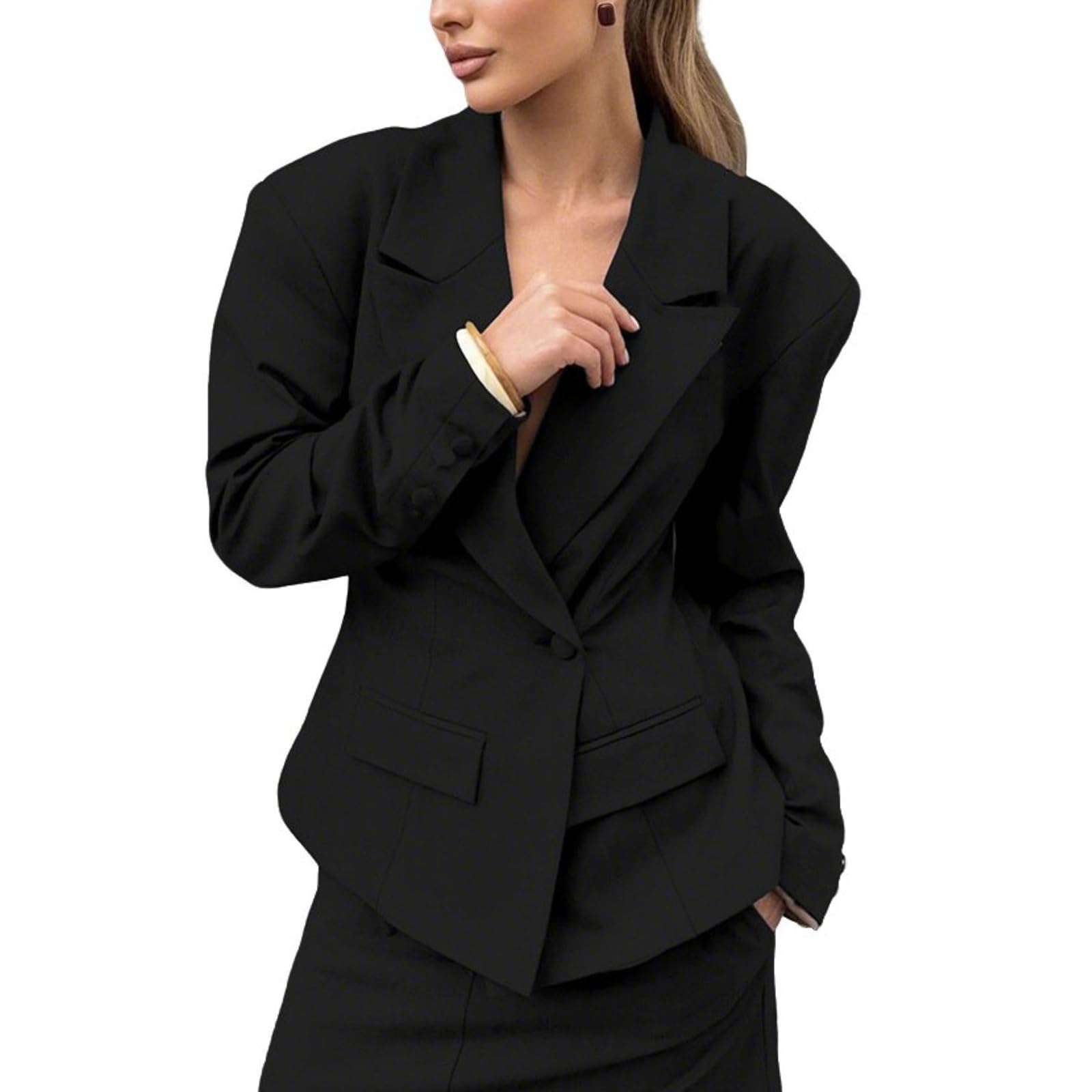Womens Elegant Suit Jacket Lapel Long Sleeve Slim Trendy Casual Office Button Open Front Blazer with Ribbon