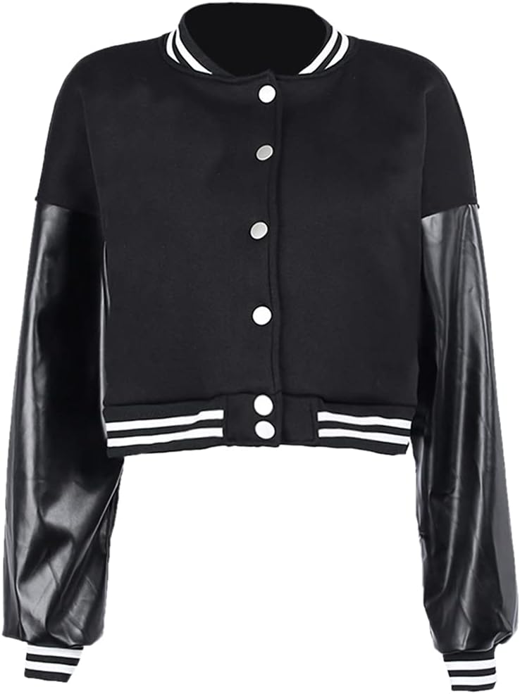 qfmqkpi Women Color block Crop Fleece Baseball Jacket Button Down Bomber Coats Sweatshirt - Image 3