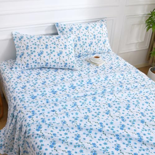 Image of Viviland Floral Full Sheet Set - 4 Piece Country Fresh Blue Flower Patterned Bed Sheets - Soft, Breathable Microfiber Sheets with Deep Pocket, Non-Slip Fitted Sheets & Pillowcases