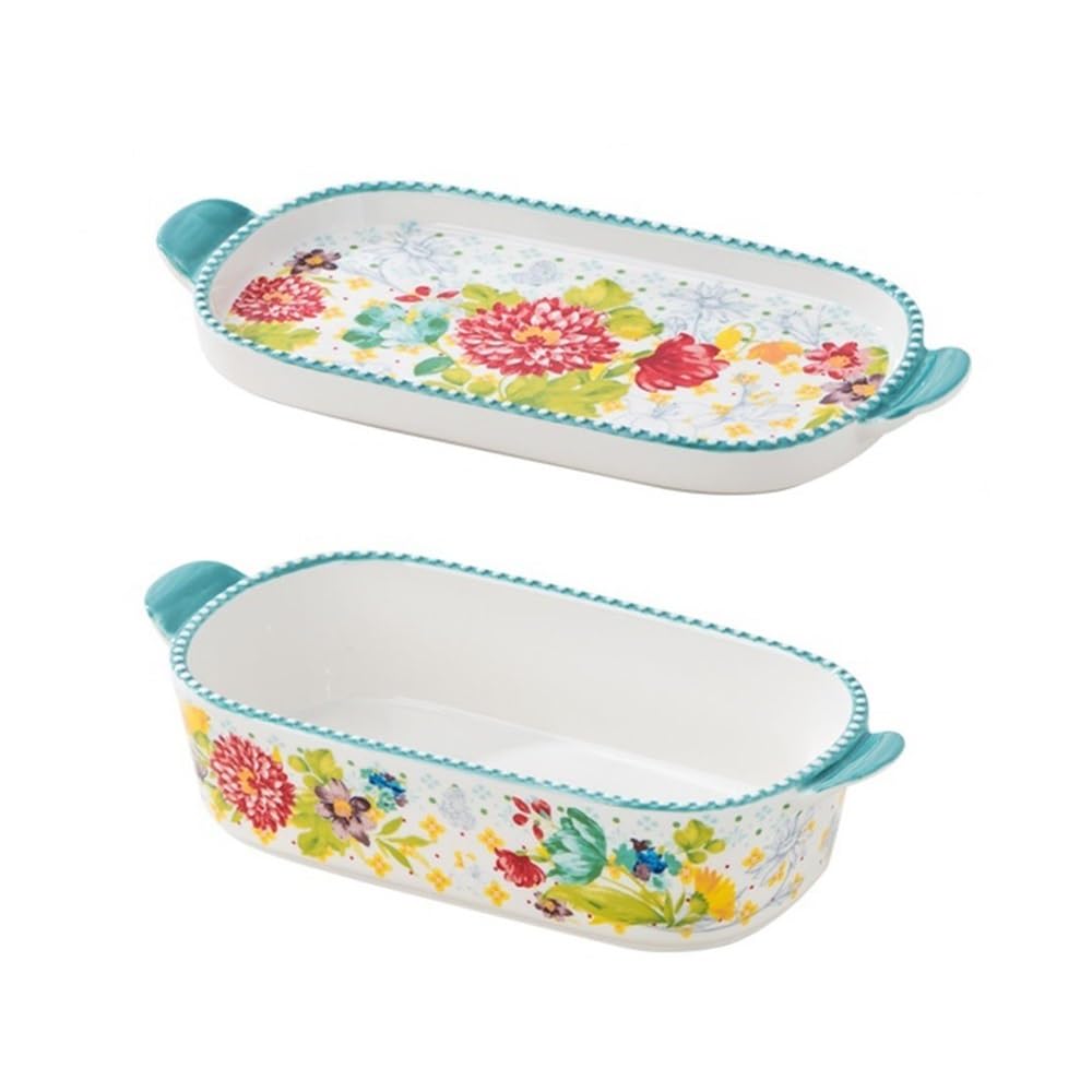 Backform Bunte, handbemalte, florale Backform mit zwei Griffen und Deckel, rechteckiges Geschirr, Käse-Reis-Auflauf