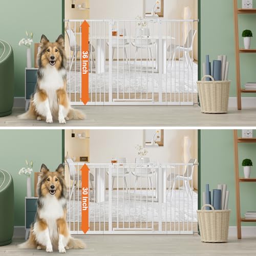 Image of keny 36 inch Extra Tall Baby Gate for Stairs, 29 inch-55 inch Wide Auto Close Dog Gate | for Doorways, Pressure Mounted Easy Walk Through Pet Gate with Door, White