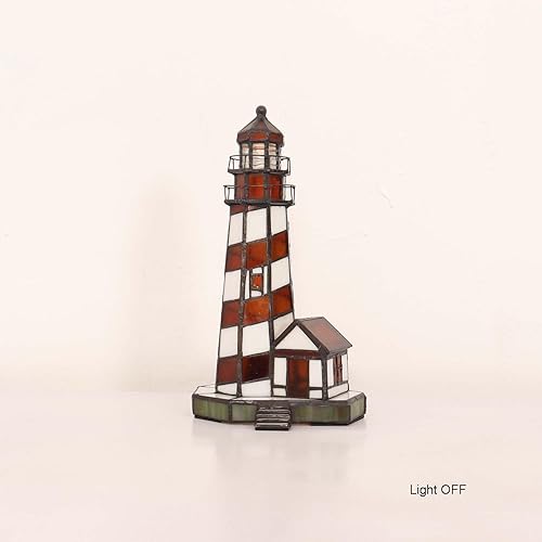 Miniatura 3 de Bieye L10616 Lighthouse Tiffany Style Lámpara de mesa con acento de vidrieras de luz nocturna para decoración del hogar (6x6x11, rojo)
