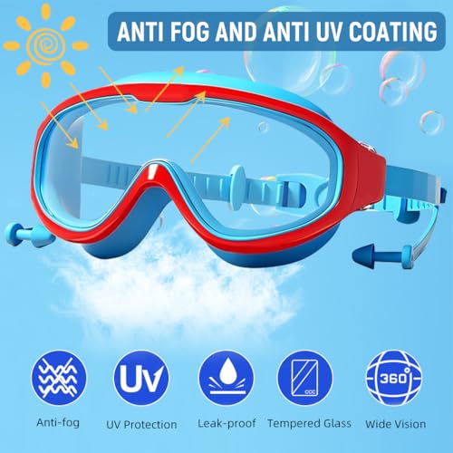 Image of PROBEROS Swimming Goggles for Kids 6-12 Years Old, UV Protection Anti-fog Coated HD, with Leak-Proof Integrated Earplugs, Adjustable Silicone Head Strap & Storage Box