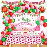 100 PCs Watermelon Party Decorations, Hombae Watermelon Birthday Decorations Backdrop Balloon Garland Banner Tablecloth Cake Cupcake Topper Sweet Melon Pink Green Red