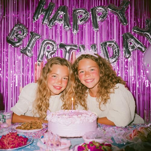 Image of PartyWoo Hot Pink Foil Fringe Curtain Red Rose Streamers 3pcs 8.2ft Magenta Tinsel Backdrop Dark Pink Curtains for Birthday Barbie Theme Galentines Bachelorette Tequila Sunrise Party Decorations