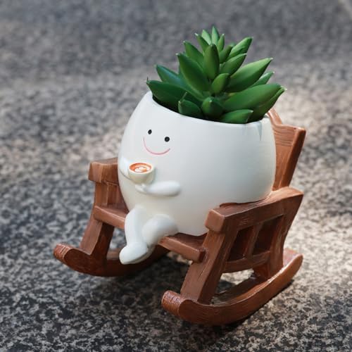 Smiley Face Planter Pot, Cute Coffee Plant Pots for Indoor Outdoor,Unique Rocking Chair Plant Pot for Succulents Plants Live with Drainage Hole,Gift IdeaI for Mother and Appreciation Christmas (Small)