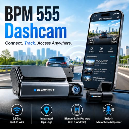 Image of Blaupunkt BPM 555 Smarchoice Dash Cam|Dual Starvis|Real 4K UHD 8MP Starvis 1 Front,4MP Starvis 1, 2K Rear|Built-in GPS & Number Plate Recognition|WiFi 5.8GHz,HDR,Super Night Vision|Supports 512GB SD