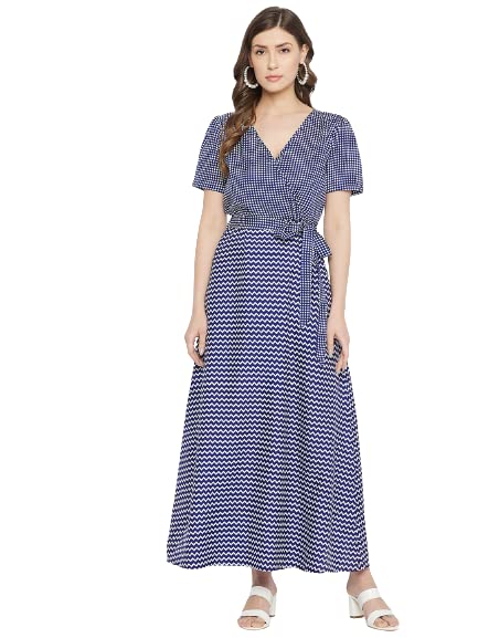 HELLO DESIGN Women Solid Fit Chevron Print Belted A-Line Maxi Dress