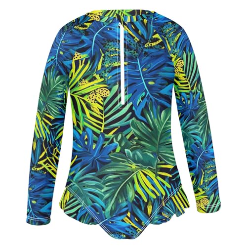 CHIFIGNO Long Sleeve One Piece Swimsuits Girls Leopards Leaves Blue Green Girl Bathing Suit 3T2