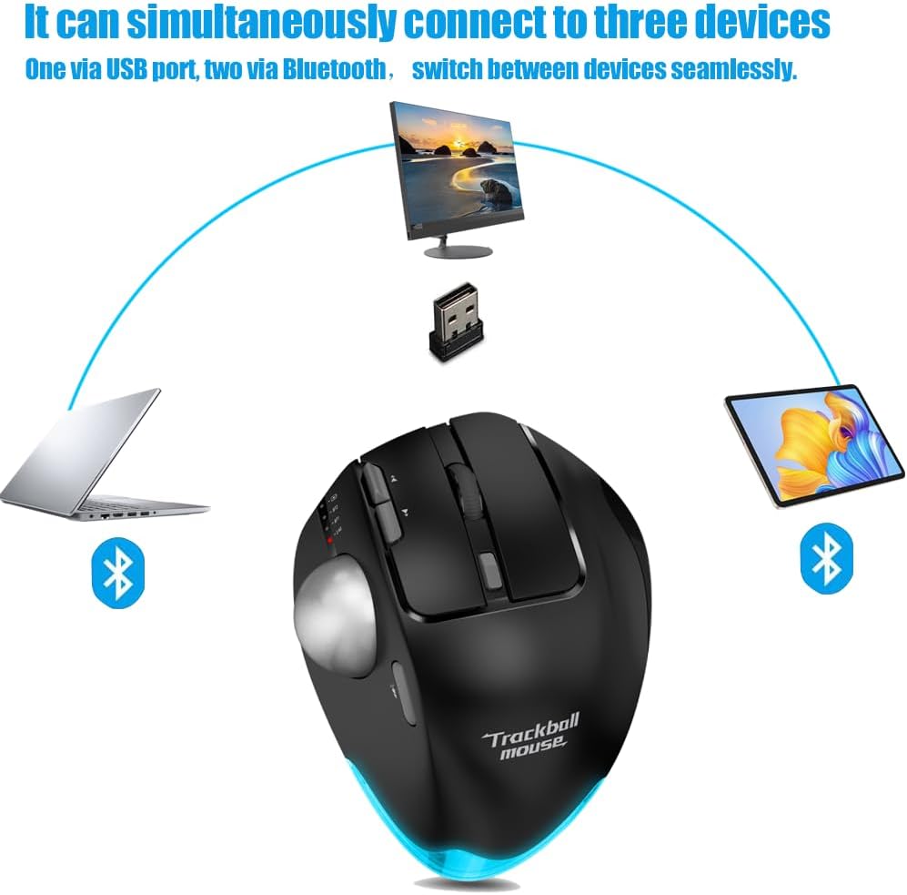 Zelotes trackball mouse connected to laptop, desktop, and tablet