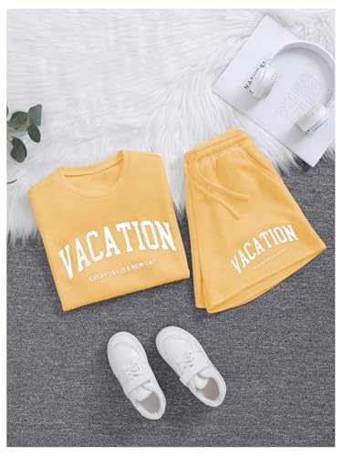 Verdusa Girl's Tracksuit Sets 2 Piece Outfits Letter Print Vacation Tee Top and Drawstring Waist Shorts3
