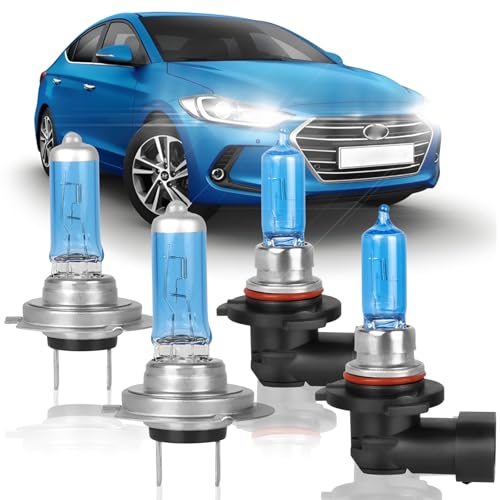 XRDHJI Fit for Elantra 2014 2015 2016 (with Projector) 2017 2018 High Performance Halogen Headlight Bulbs,H7 High Beam +9005 Low Beam Headlamp Replacement Bulbs Kit, Plug and Play,Pack of 4