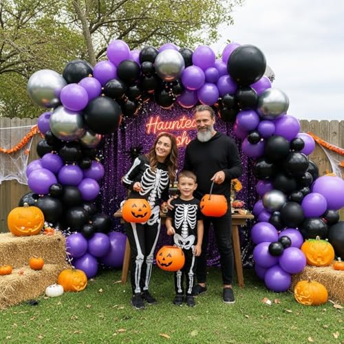 Image of Black and Purple Balloons - 132pcs 18'' 12'' and 5'' Purple Black Balloon Arch Kit with Metallic Silver Balloons for Birthday Party Halloween Graduations Corporate Event and Gaming Night