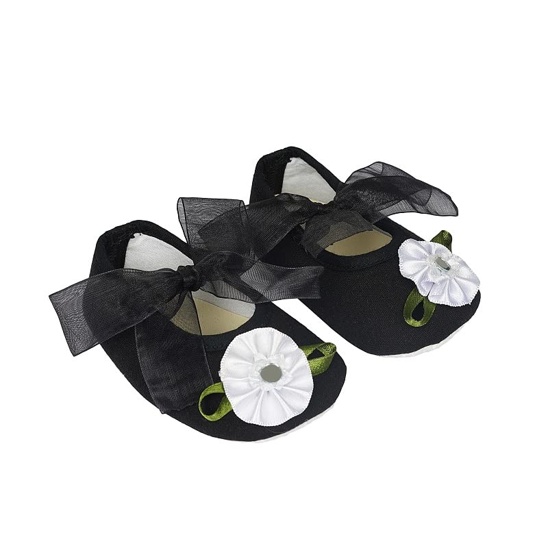 Infant New Baby Toddlers Boys and Girls Cotton Black Sandal Ribbon Booties With White Flower Patch [RSM_24]-image-31