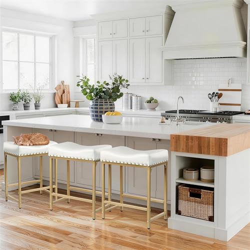 Image of Bar Stools Set of 2, 24 Inch Gold White Counter Height Stools with Cushion, Faux Leather, Metal Frame, Modern Style Stools for Kitchen Counter Island