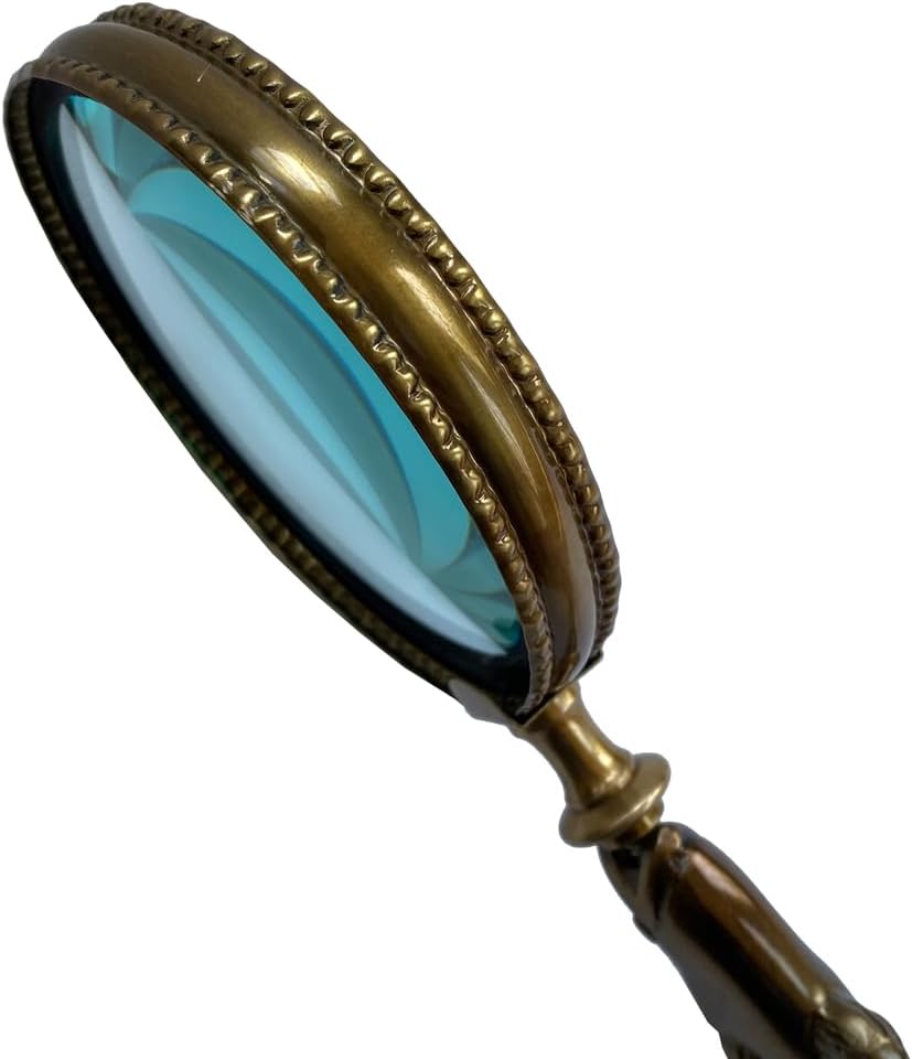 Fish Handle Magnifying Glass, Antiqued Brass, 9 Inch Length, 4 Inch Glass, 2X Magnification, Vintage Style Decorative Reading Tool