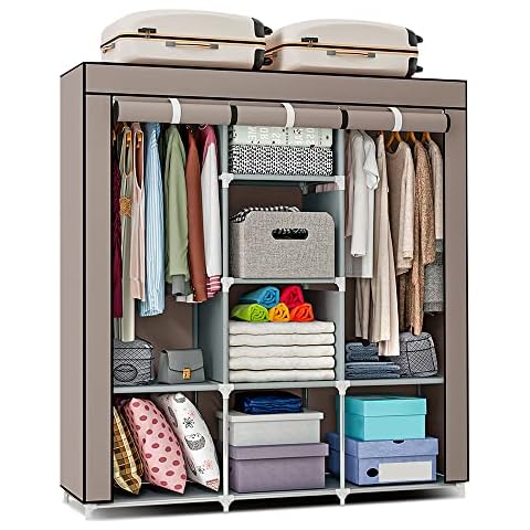 TIE-DailyNec Canvas Wardrobe Large Capacity Foldable Closets Fabric Wardrobes Portable Storage Freestanding Clothes Storage Organiser for Living Room Bedroom Cloakroom (Brown) Cover