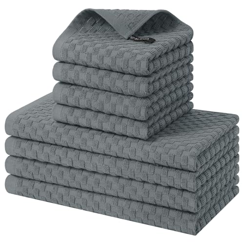 Homaxy 100% Cotton Kitchen Towels and Dishcloths Set, 12 x 12 & 15 x 25 Inches, Set of 8 Bulk Terry Cloth Dish Towels, Super Soft and Absorbent Hand Towel with Hanging Loop, Dark Grey