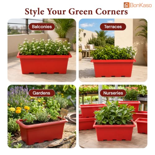 Image of Bonkaso 17 Inch Rectangular Planter, Set of 3|UV Resistant Plastic Flower Pot for Balcony Railing, Window Sill & Terrace Garden | Rectangular Indoor & Outdoor Plant Pot, Terra Red