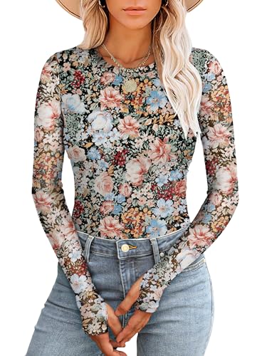 Prinbara Womens Mesh Long Sleeve Going Out Tops with Thumb Holes 2025 Fall Fashion Double Lined Fitted Cute Shirts Outfits