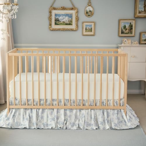 Image of Brandream French Country Toile Floral Print Cotton Crib Skirt Toddler Bedskirt Baby Nursery Crib Bed Skirt Boho Bohemian Neutral Blue Farmhouse Chic Ruffles Skirt