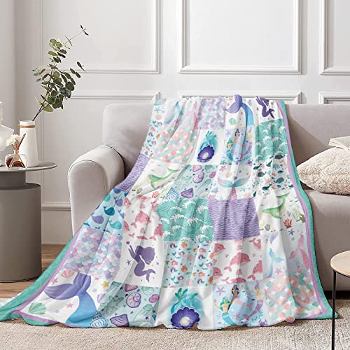 Mermaid Throw Blanket for Girls 130 x 150 cm Cozy Cute Mermaid Theme Fluffy Plush Blanket for Kids Soft Cute Mermaid Purple Blue Flannel Throw Blanket for Children Teen Women Gift Sofa Bed Couch