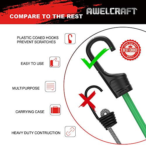 Awelcraft Heavy Duty Bungee Cords Assortment 25 Piece In Carry Bag - Includes 10", 18", 24", 32", 40" Bungee Cord And 8" Canopy/Tarp Ball Ties, Cargo Net #TOP2