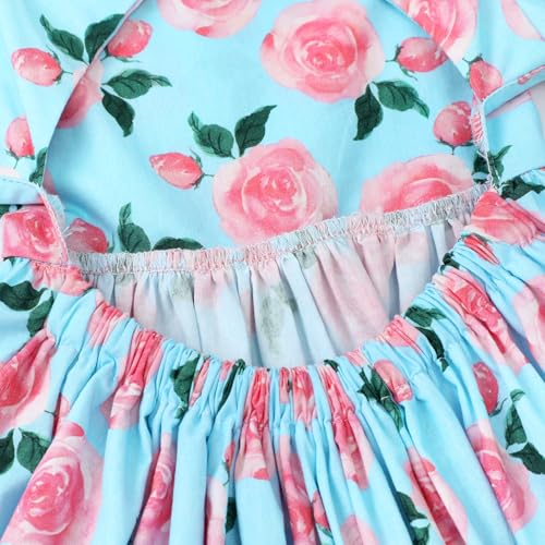 Image of Girls Floral Dress Square Neck Ruffle Sleeve Bow Back Twirl Cotton Dress
