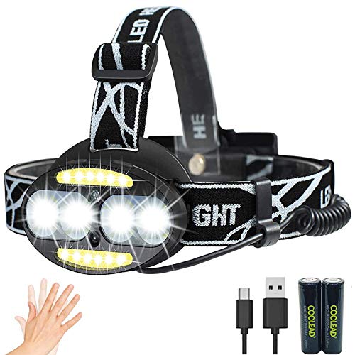 Linterna frontal LED Recargable de Trabajo, con Sensor, Sólo 130g, 8000 Lúmenes, 7 Modos de Luz con Flash, Ligera Elástica, Impermeable para Ciclismo, Correr, Deportes Nocturnos...