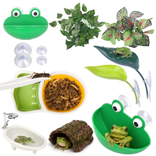 Frog Tank Accessories Set Complete Tree Frog Habitat Kit with Hideout Cave Water Dish Feeding Bowl Suction Cup Plants & Climbing Decor | Toad Terrarium Supplies for Amphibians
