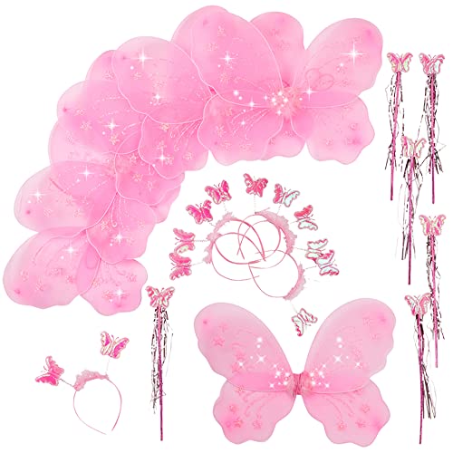 Butterfly Craze Girls' Fairy Wings with Wands and Headbands - Pack of 6, Costumes and Dress Up Set For Kids Aged 2 to 12, These Accessories are Perfect as Birthday Party Favors or Supplies, (Pink)