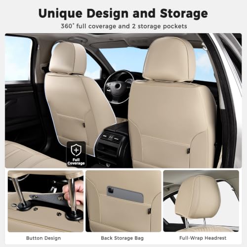 Huidasource Car Seat Covers Front Seats 2 Pack, Waterproof Faux Leather Car Seat Cover with Headrest, Airbag Compatible Automotive Seat Covers Fit for Most Cars Trucks SUV, Beige by Huidasource - Used condition - Image 2