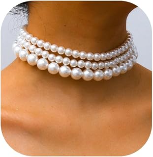 HUJUON Boho Faux Pearl Choker Necklace for Women - Layered Chunky Clavicle Chain, Wedding Bride Fashion Jewelry Gift